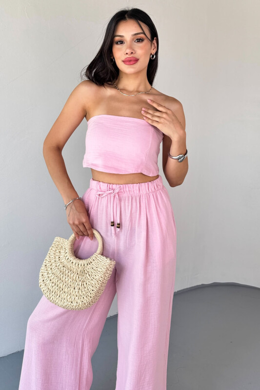 TKM-13324 Pembe Bağlamalı Arka Lastik Detaylı Büstiyer & Salaş Geniş Paça Pantolon İkili Takım - 10