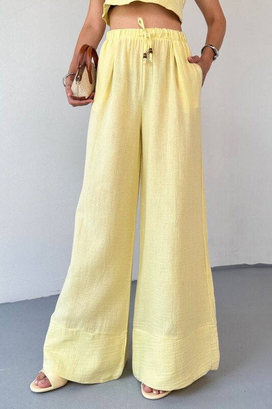 TKM-13324 Sarı Bağlamalı Arka Lastik Detaylı Büstiyer & Salaş Geniş Paça Pantolon İkili Takım - 4