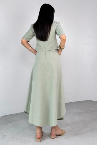 TKM-25111 Mint Yeşili Yarım Kol Gömlek Yaka Düğmeli Crop Üst Yüksek Bel A Kesim Etek Takım - 8