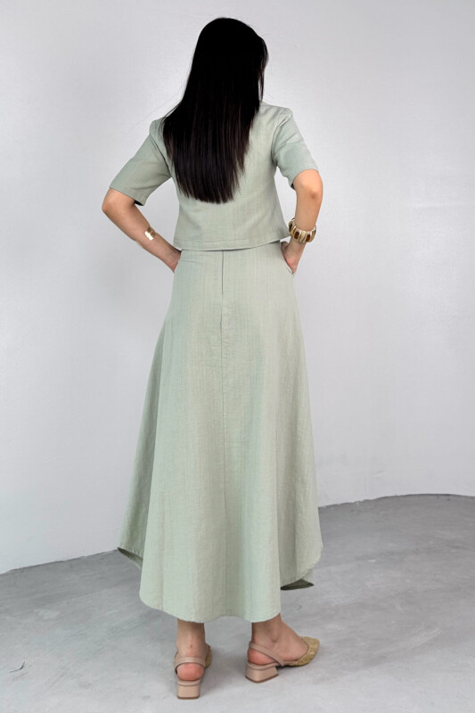 TKM-25111 Mint Yeşili Yarım Kol Gömlek Yaka Düğmeli Crop Üst Yüksek Bel A Kesim Etek Takım - 8