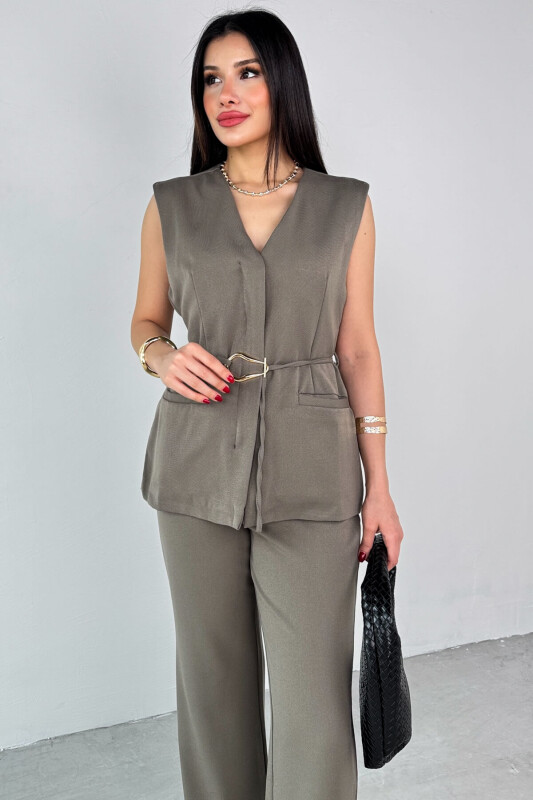 TKM-25122 Haki Cepli Kuşak Detaylı Yelek Geniş Paça Pantolon İkili Takım - 2