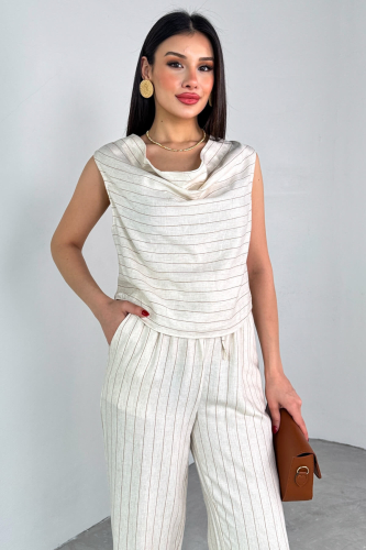 TKM-25136 Krem Şalvar Yaka Çizgili Bluz Belden Bağlamalı Bol Paça Pantolon Takım - 5