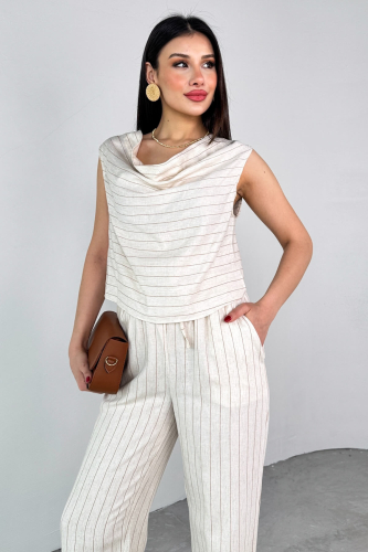 TKM-25136 Krem Şalvar Yaka Çizgili Bluz Belden Bağlamalı Bol Paça Pantolon Takım - 2