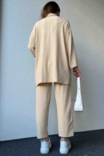 TKM-3576 Bej Rengi Salaş Kimono Lastikli Pantolon İkili Takım - Thumbnail