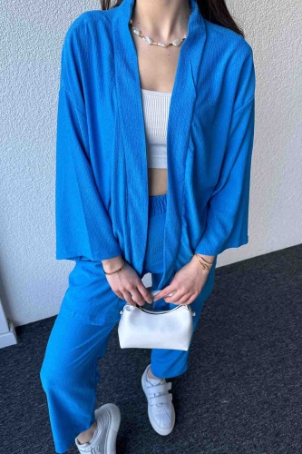 TKM-3576 Mavi Salaş Kimono Lastikli Pantolon İkili Takım - Thumbnail