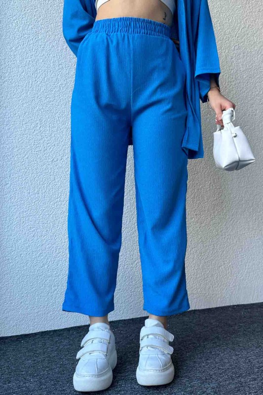 TKM-3576 Mavi Salaş Kimono Lastikli Pantolon İkili Takım