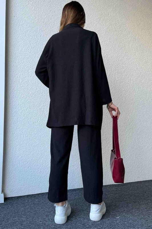 TKM-3576 Siyah Salaş Kimono Lastikli Pantolon İkili Takım