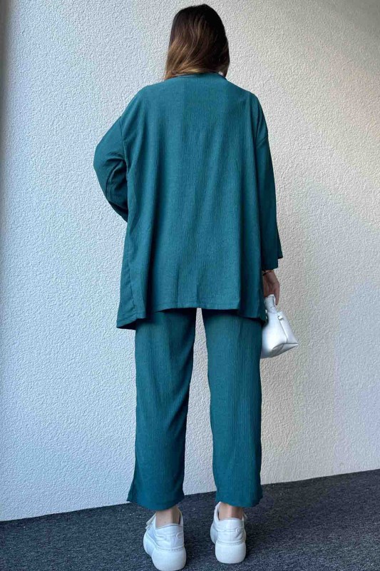 TKM-3576 Zümrüt Yeşili Salaş Kimono Lastikli Pantolon İkili Takım