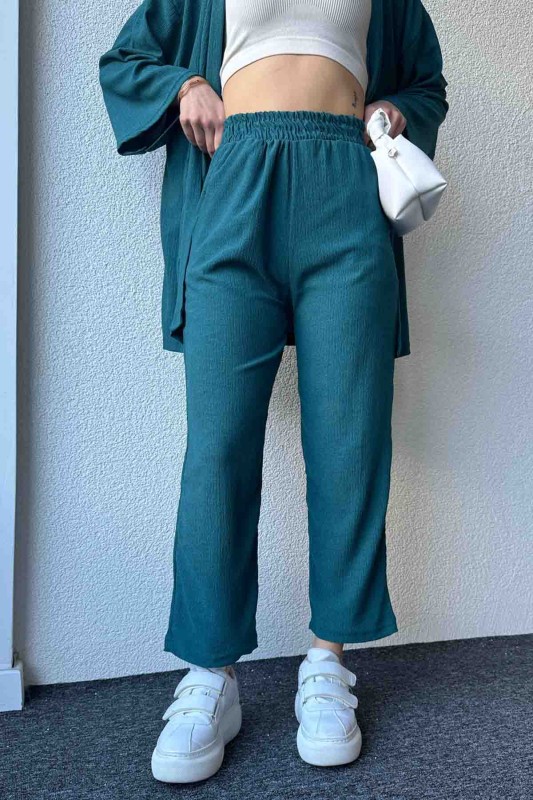 TKM-3576 Zümrüt Yeşili Salaş Kimono Lastikli Pantolon İkili Takım