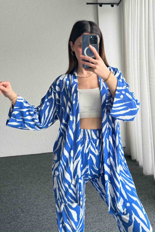TKM-3579 Mavi Zebra Desenli Salaş Kimono Lastikli Pantolon İkili Takım