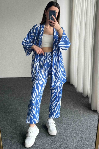 TKM-3579 Mavi Zebra Desenli Salaş Kimono Lastikli Pantolon İkili Takım - Thumbnail