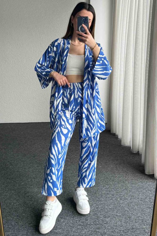 TKM-3579 Mavi Zebra Desenli Salaş Kimono Lastikli Pantolon İkili Takım