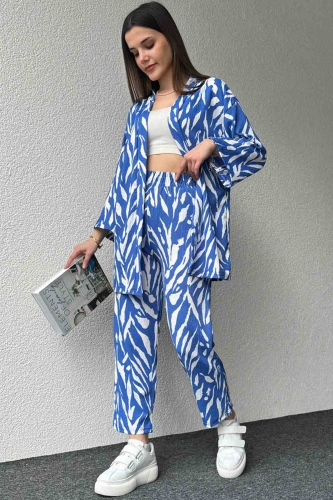 TKM-3579 Mavi Zebra Desenli Salaş Kimono Lastikli Pantolon İkili Takım - Thumbnail