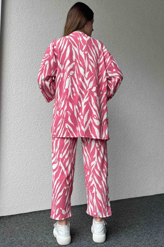 TKM-3579 Pembe Zebra Desenli Salaş Kimono Lastikli Pantolon İkili Takım