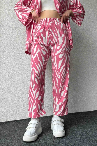 TKM-3579 Pembe Zebra Desenli Salaş Kimono Lastikli Pantolon İkili Takım - Thumbnail
