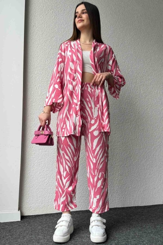 TKM-3579 Pembe Zebra Desenli Salaş Kimono Lastikli Pantolon İkili Takım - Thumbnail