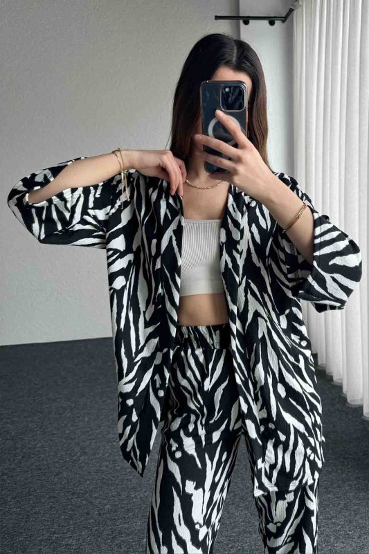 TKM-3579 Siyah Zebra Desenli Salaş Kimono Lastikli Pantolon İkili Takım
