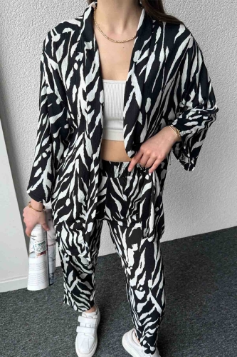 TKM-3579 Siyah Zebra Desenli Salaş Kimono Lastikli Pantolon İkili Takım - Thumbnail