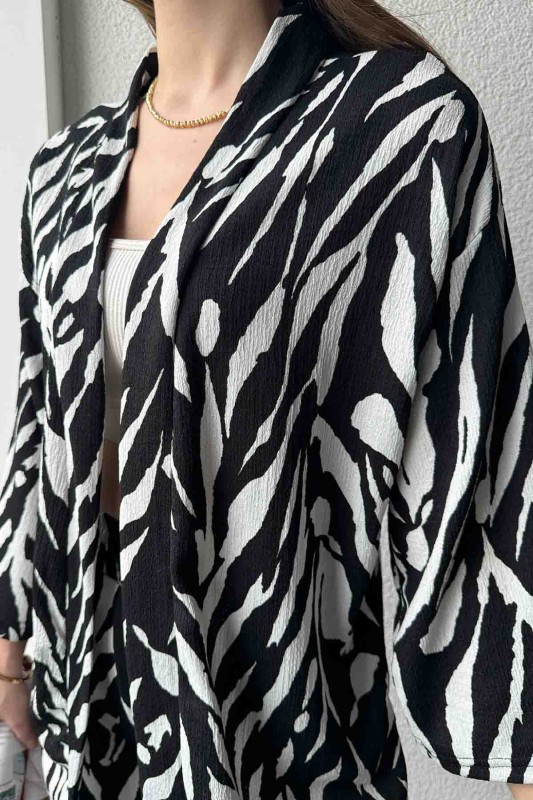 TKM-3579 Siyah Zebra Desenli Salaş Kimono Lastikli Pantolon İkili Takım