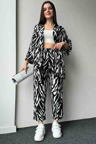 TKM-3579 Siyah Zebra Desenli Salaş Kimono Lastikli Pantolon İkili Takım - Thumbnail
