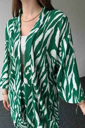 TKM-3579 Yeşil Zebra Desenli Salaş Kimono Lastikli Pantolon ikili Takım - Thumbnail