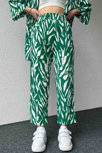 TKM-3579 Yeşil Zebra Desenli Salaş Kimono Lastikli Pantolon ikili Takım - Thumbnail