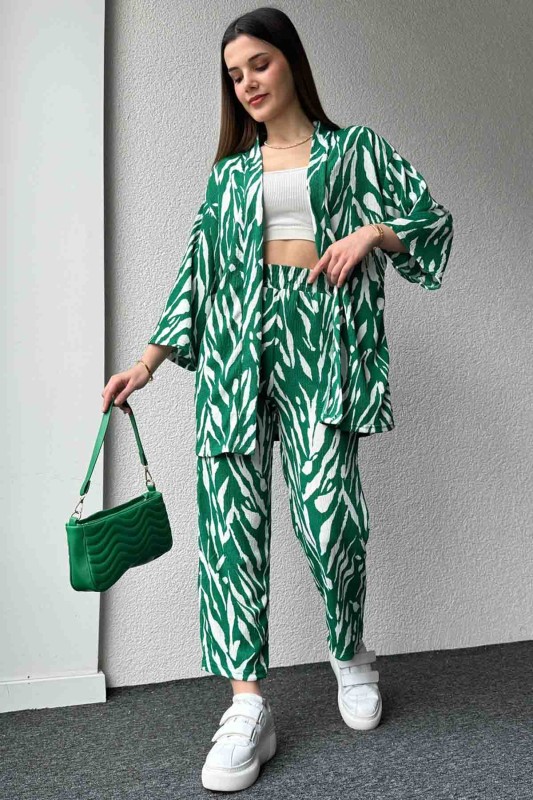 TKM-3579 Yeşil Zebra Desenli Salaş Kimono Lastikli Pantolon ikili Takım