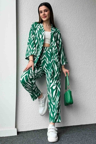 Cappmoda - TKM-3579 Yeşil Zebra Desenli Salaş Kimono Lastikli Pantolon ikili Takım (1)