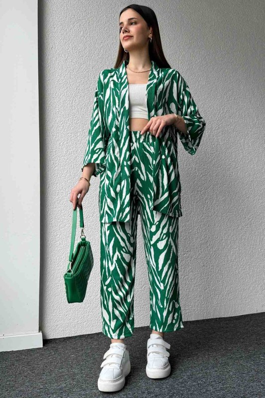 TKM-3579 Yeşil Zebra Desenli Salaş Kimono Lastikli Pantolon ikili Takım