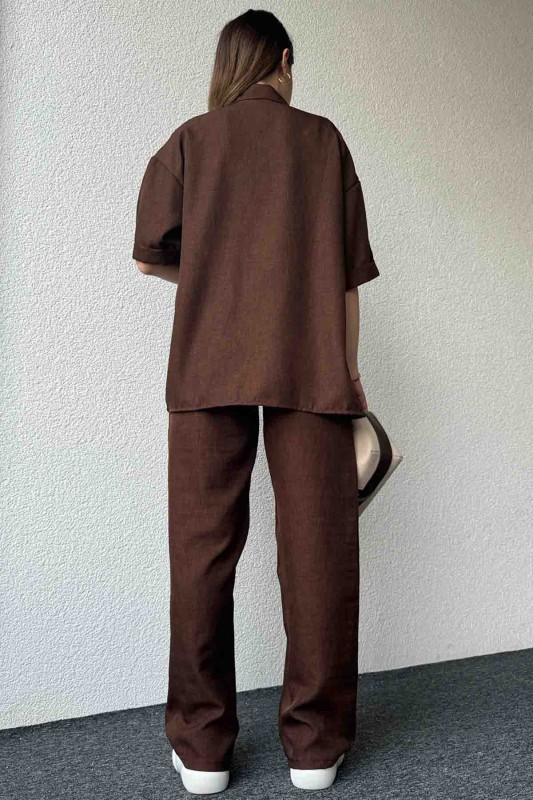 TKM-3581 Kahverengi Sofia Keten Kumaş Gömlek Palazzo Pantolon İkili Takım