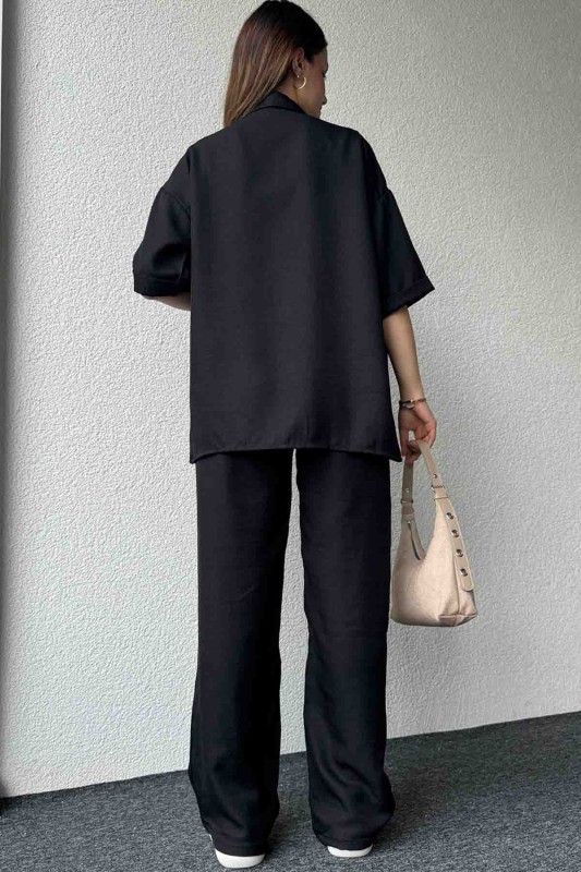 TKM-3581 Siyah Sofia Keten Kumaş Gömlek Palazzo Pantolon İkili Takım