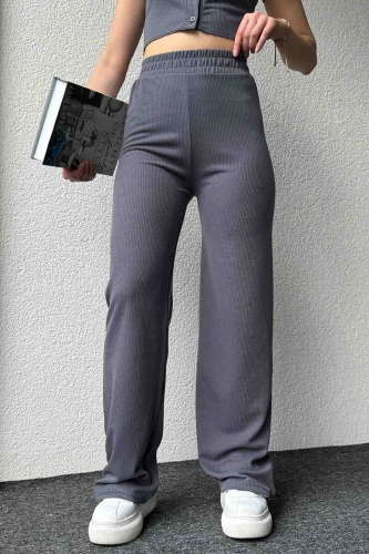 TKM-3582 Füme Kaşkorse Kumaş Düğmeli Crop Bluz Salaş Pantolon İkili Takım - Thumbnail