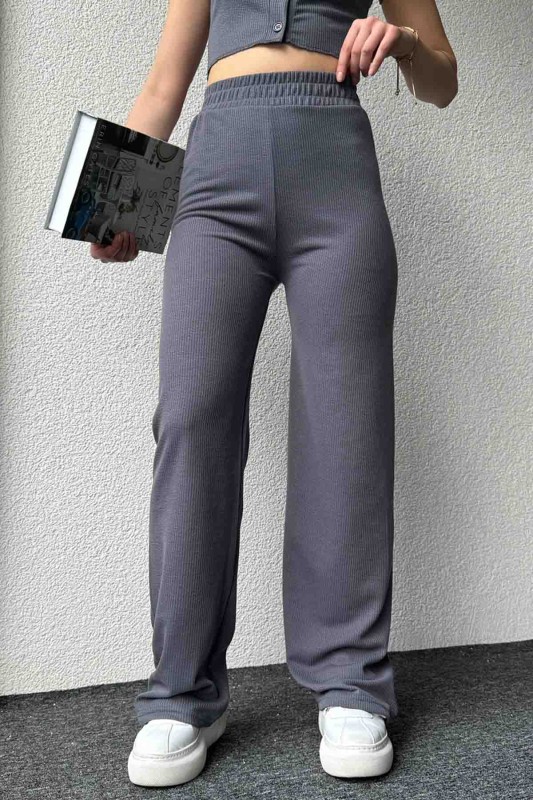 TKM-3582 Füme Kaşkorse Kumaş Düğmeli Crop Bluz Salaş Pantolon İkili Takım