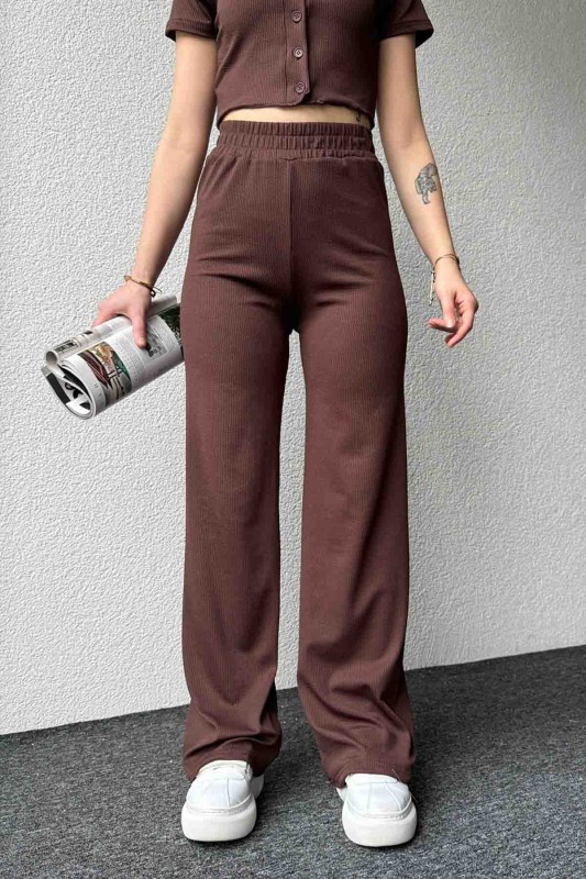 TKM-3582 Kahverengi Kaşkorse Kumaş Düğmeli Crop Bluz Salaş Pantolon İkili Takım