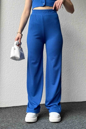 TKM-3582 Mavi Kaşkorse Kumaş Düğmeli Crop Bluz Salaş Pantolon İkili Takım - Thumbnail