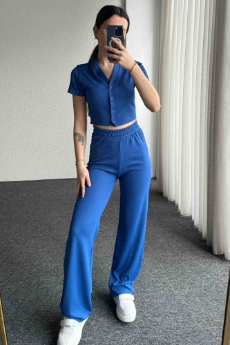 TKM-3582 Mavi Kaşkorse Kumaş Düğmeli Crop Bluz Salaş Pantolon İkili Takım - Thumbnail
