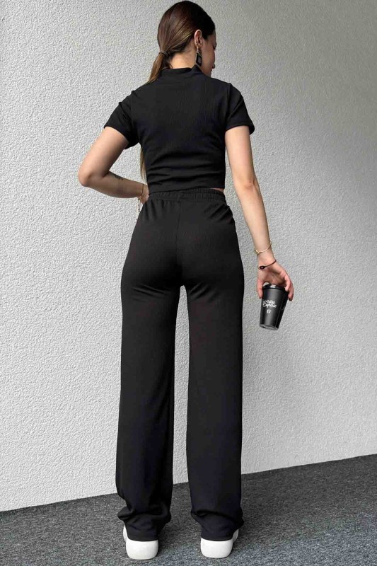 TKM-3582 Siyah Kaşkorse Kumaş Düğmeli Crop Bluz Salaş Pantolon İkili Takım