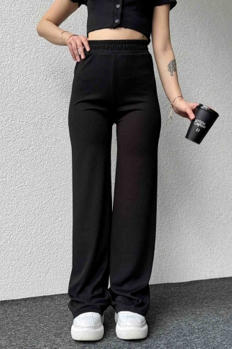TKM-3582 Siyah Kaşkorse Kumaş Düğmeli Crop Bluz Salaş Pantolon İkili Takım - Thumbnail