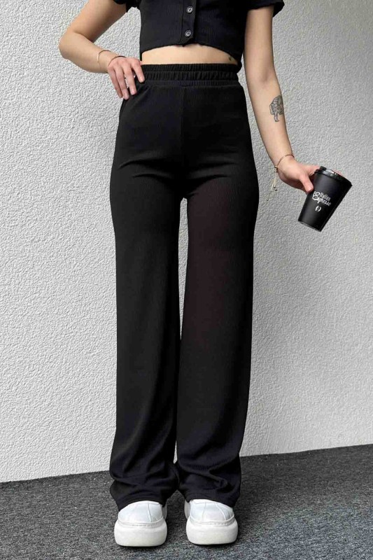TKM-3582 Siyah Kaşkorse Kumaş Düğmeli Crop Bluz Salaş Pantolon İkili Takım