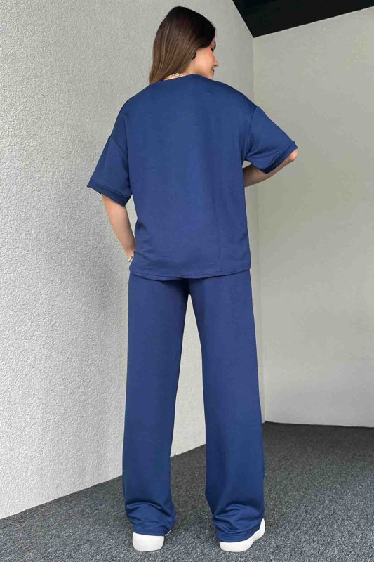 TKM-3583 Lacivert Kristal Modal Kumaş V Yaka Basic Tshirt Salaş Pantolon İkili Takım