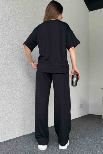 TKM-3583 Siyah Kristal Modal Kumaş V Yaka Basic Tshirt Salaş Pantolon İkili Takım - Thumbnail
