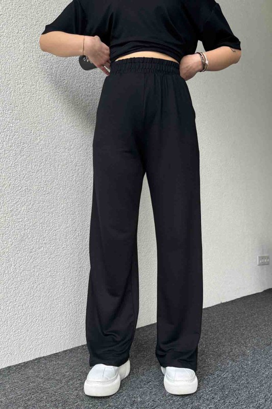 TKM-3583 Siyah Kristal Modal Kumaş V Yaka Basic Tshirt Salaş Pantolon İkili Takım