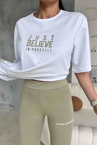 TKM-3584 Haki Just Believe Basic Tshirt İspanyol Pantolon İkili Takım - Thumbnail
