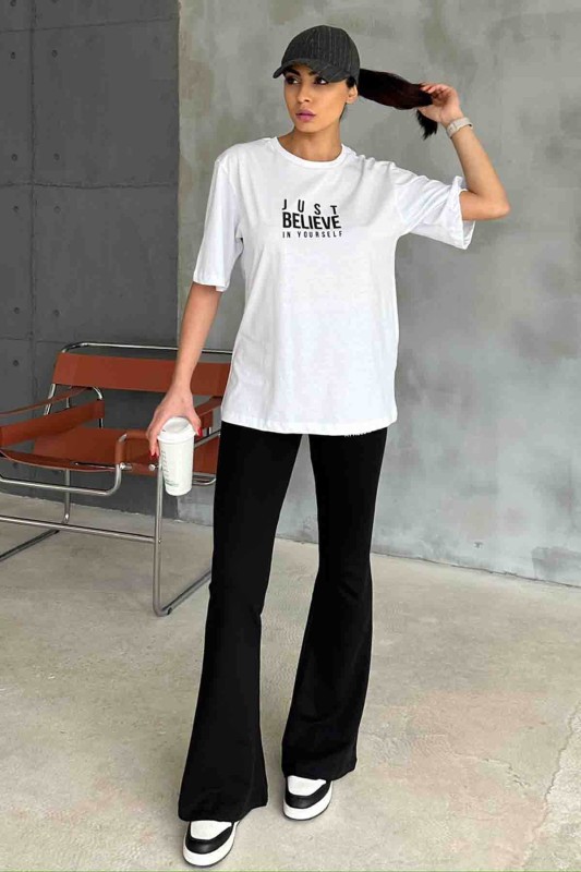 TKM-3584 Siyah Just Believe Basic Tshirt İspanyol Pantolon İkili Takım