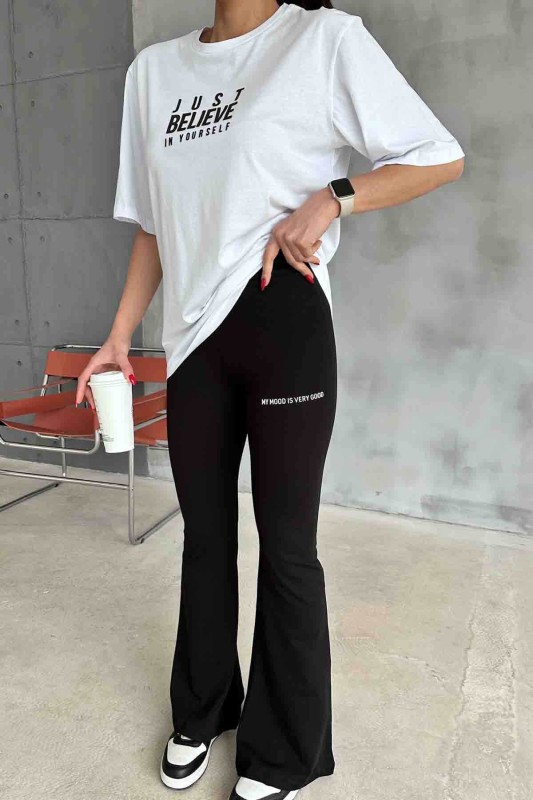 TKM-3584 Siyah Just Believe Basic Tshirt İspanyol Pantolon İkili Takım