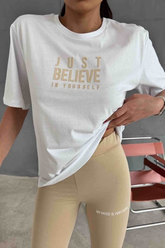 TKM-3584 Vizon Just Believe Baskılı Basic Tshirt İspanyol Pantolon İkili Takım - Thumbnail