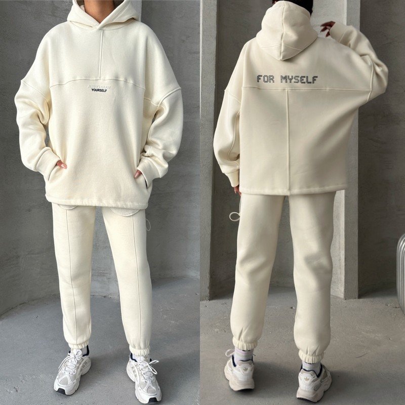 TKM-3639 Ekru Always Enjoy Yazı Baskılı Kapüşonlu Sweatshirt Çimalı Jogger Üç İplik Şardonlu İkili Takım - 8