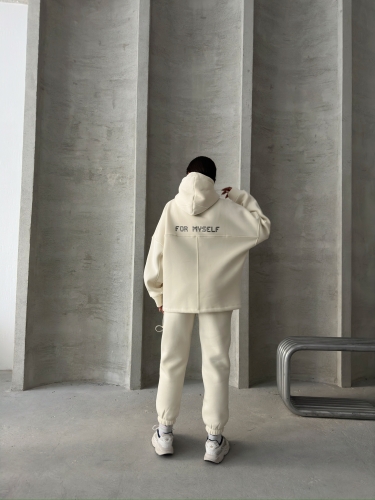TKM-3639 Ekru Always Enjoy Yazı Baskılı Kapüşonlu Sweatshirt Çimalı Jogger Üç İplik Şardonlu İkili Takım - 5