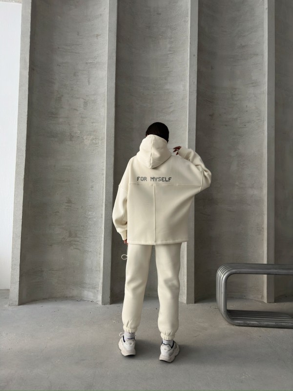 TKM-3639 Ekru Always Enjoy Yazı Baskılı Kapüşonlu Sweatshirt Çimalı Jogger Üç İplik Şardonlu İkili Takım - 5