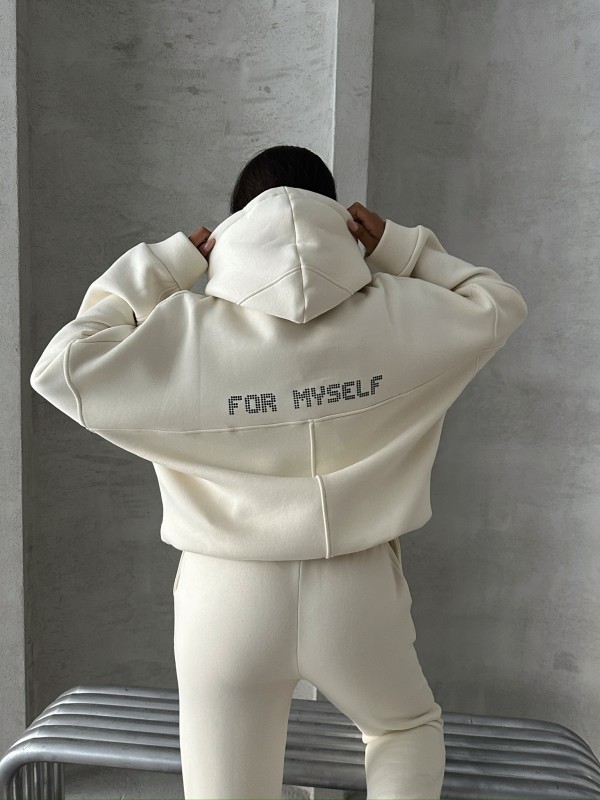TKM-3639 Ekru Always Enjoy Yazı Baskılı Kapüşonlu Sweatshirt Çimalı Jogger Üç İplik Şardonlu İkili Takım - 2